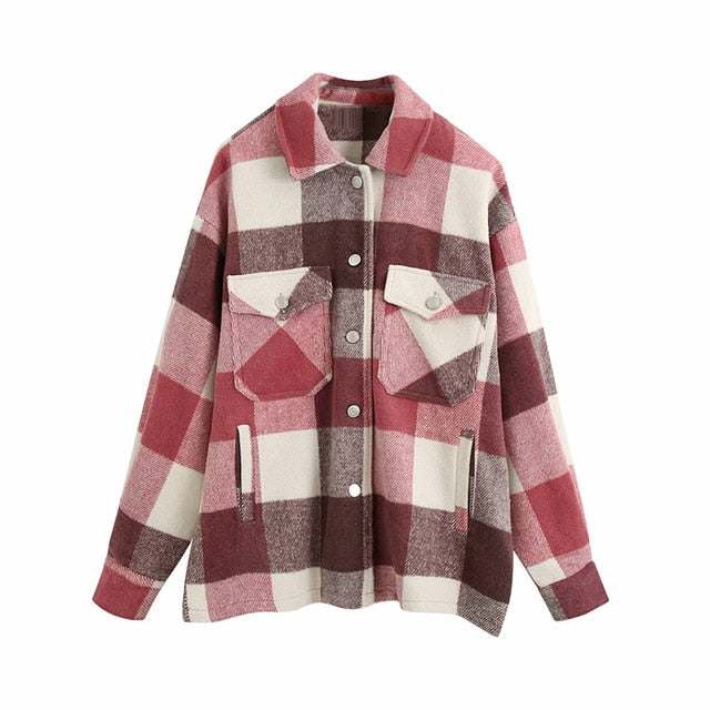 Vintage Stylish Pockets Oversized Plaid Coat 2020 Fashion Lapel CollarWomen&