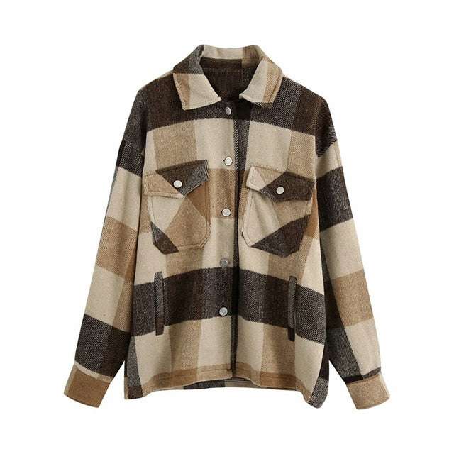Vintage Stylish Pockets Oversized Plaid Coat 2020 Fashion Lapel CollarWomen&