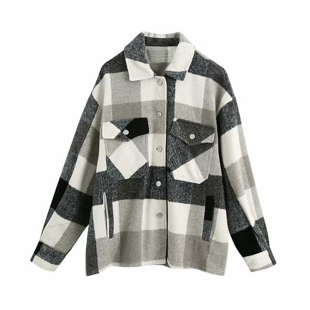 Vintage Stylish Pockets Oversized Plaid Coat 2020 Fashion Lapel CollarWomen&