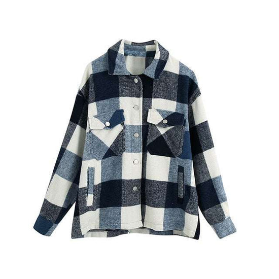 Vintage Stylish Pockets Oversized Plaid Coat 2020 Fashion Lapel CollarWomen&