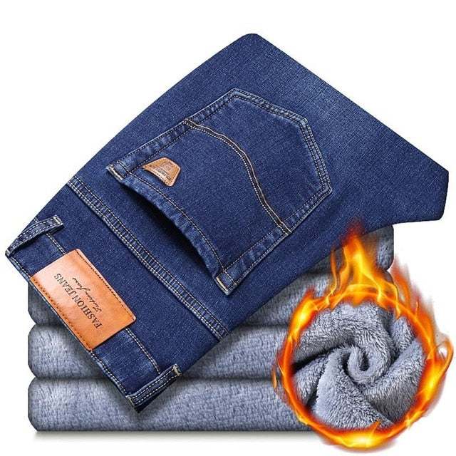 Fashion Winter Jeans Black Color Slim Fit Stretch Thick PantsMen&