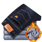 Fashion Winter Jeans Black Color Slim Fit Stretch Thick PantsMen&
