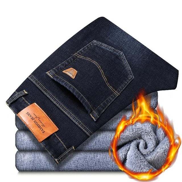 Fashion Winter Jeans Black Color Slim Fit Stretch Thick PantsMen&