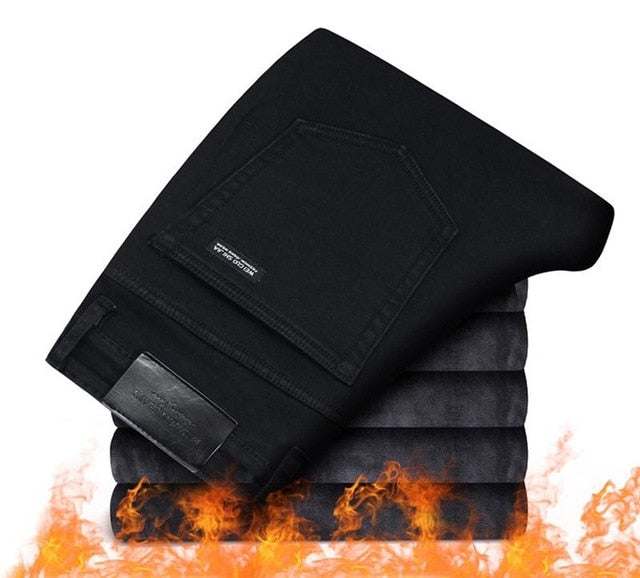 Fashion Winter Jeans Black Color Slim Fit Stretch Thick PantsMen&