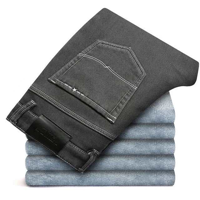 Fashion Winter Jeans Black Color Slim Fit Stretch Thick PantsMen&