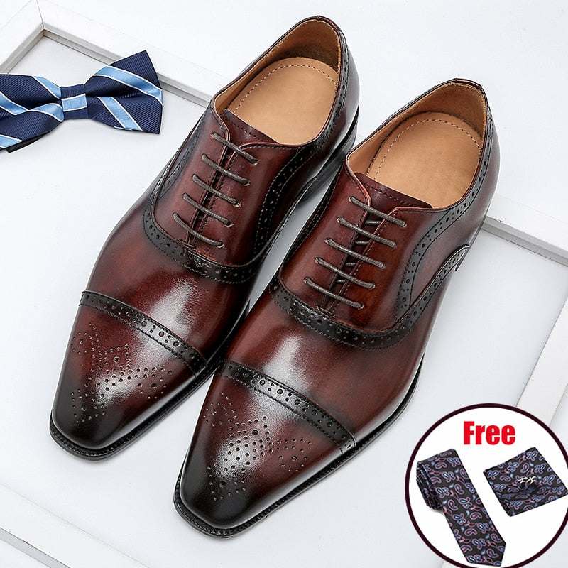 Genuine Wingtip Leather Shoes Oxford Lace-Men&