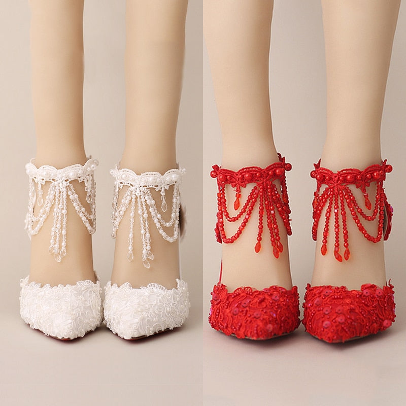 White Pearl Lace Crystal Wedding Shoes Tassel Ankle Strap Pointed Toe Shoes - Acapparelstore
