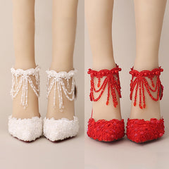 White Pearl Lace Crystal Wedding Shoes Tassel Ankle Strap Pointed Toe Shoes - Acapparelstore