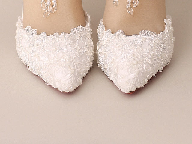 White Pearl Lace Crystal Wedding Shoes Tassel Ankle Strap Pointed Toe Shoes - Acapparelstore