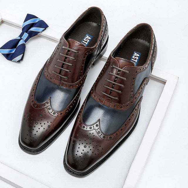 Men Genuine Wingtip Shoes Leather Oxford Pointed Toe Dress Shoes - Acapparelstore