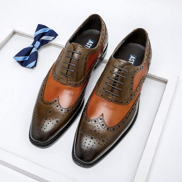 Men Genuine Wingtip Shoes Leather Oxford Pointed Toe Dress Shoes - Acapparelstore