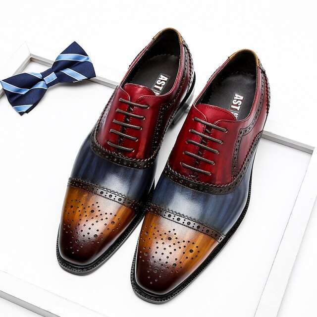 Men Genuine Wingtip Shoes Leather Oxford Pointed Toe Dress Shoes - Acapparelstore