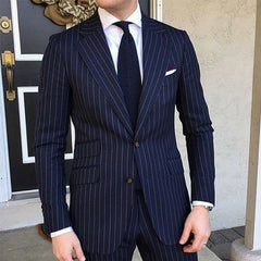 Pinstripe Men Slim Fit Suits Wedding Tuxedo Notched Lapel Navy Blue - Acapparelstore