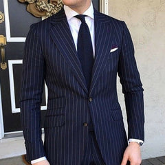 Pinstripe Men Slim Fit Suits Wedding Tuxedo Notched Lapel Navy Blue - Acapparelstore