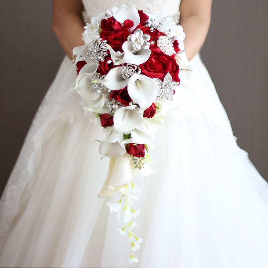 Waterfall Red Bridal Artificial Pearls Crystal Wedding Bouquets - Acapparelstore
