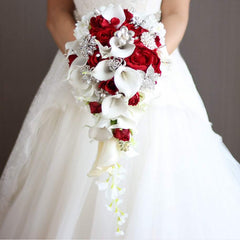 Waterfall Red Bridal Artificial Pearls Crystal Wedding Bouquets - Acapparelstore