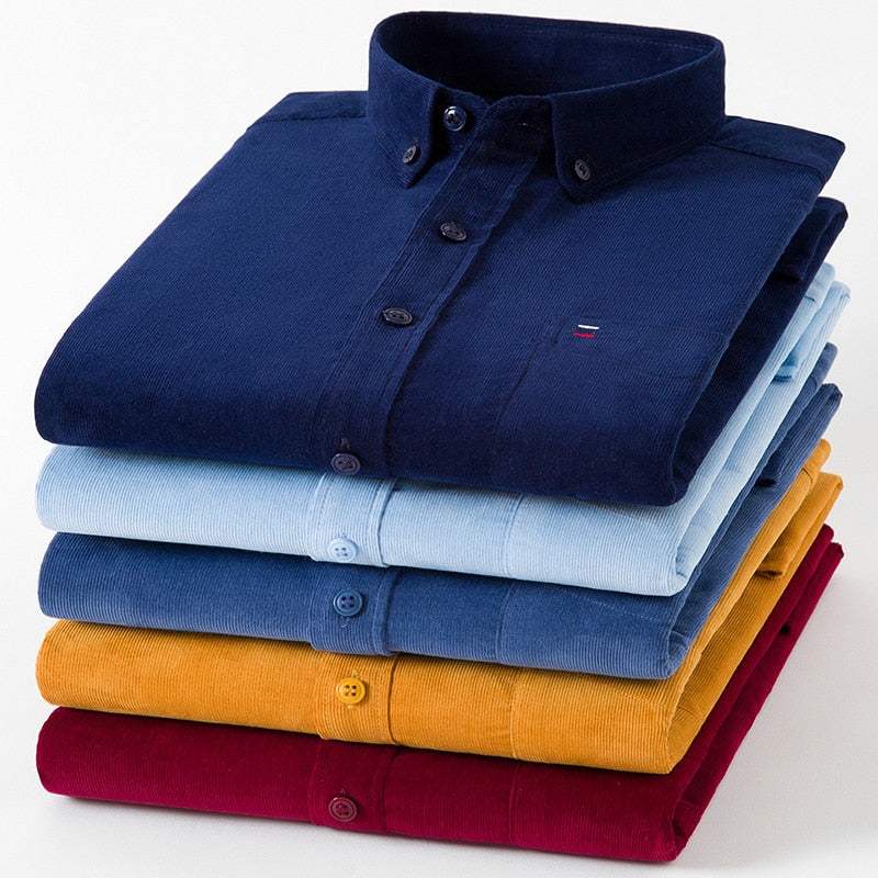 100% Corduroy Cotton Shirt Casual Long Sleeve Business Dress ShirtsMen&