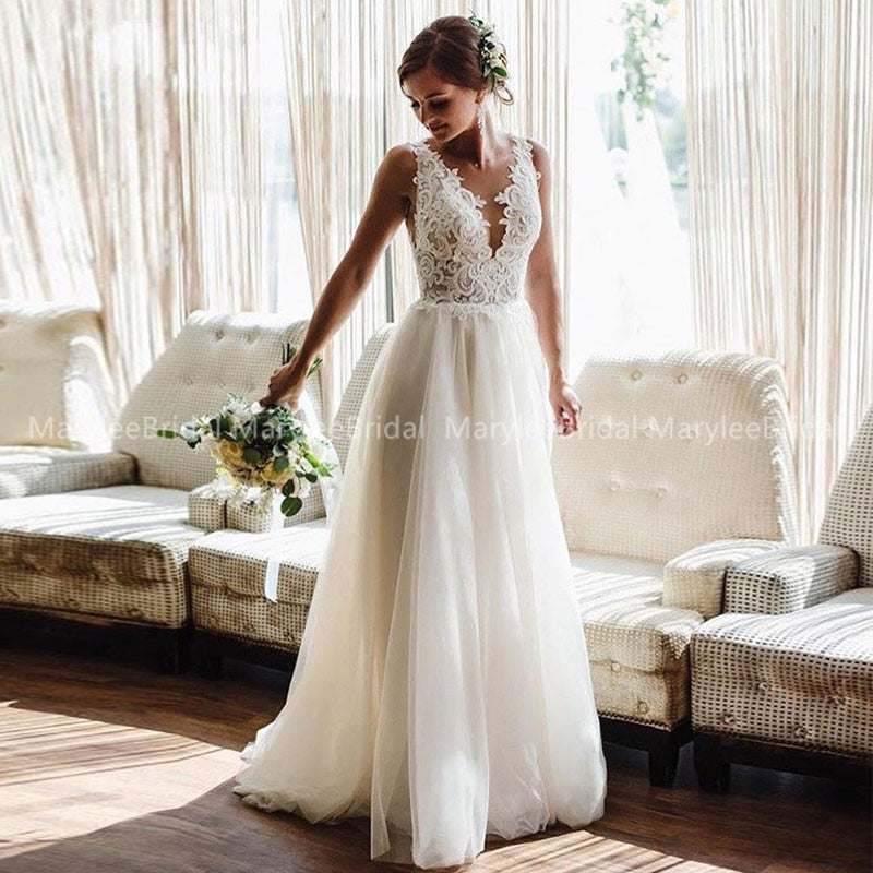 A Line Beach Wedding Dresses Summer Boho Bride Dress with Detachable Train - Acapparelstore