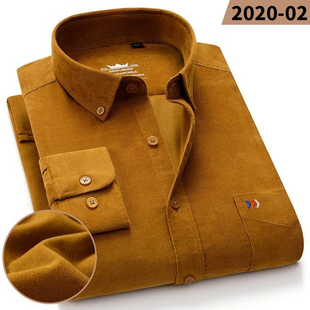 100% Corduroy Cotton Shirt Casual Long Sleeve Business Dress ShirtsMen&