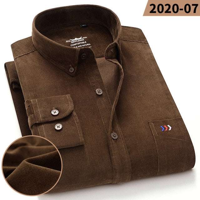 100% Corduroy Cotton Shirt Casual Long Sleeve Business Dress ShirtsMen&