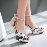 Women Summer Flower Print Shoes Fish Mouth High Heel Lady&