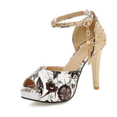 Women Summer Flower Print Shoes Fish Mouth High Heel Lady&