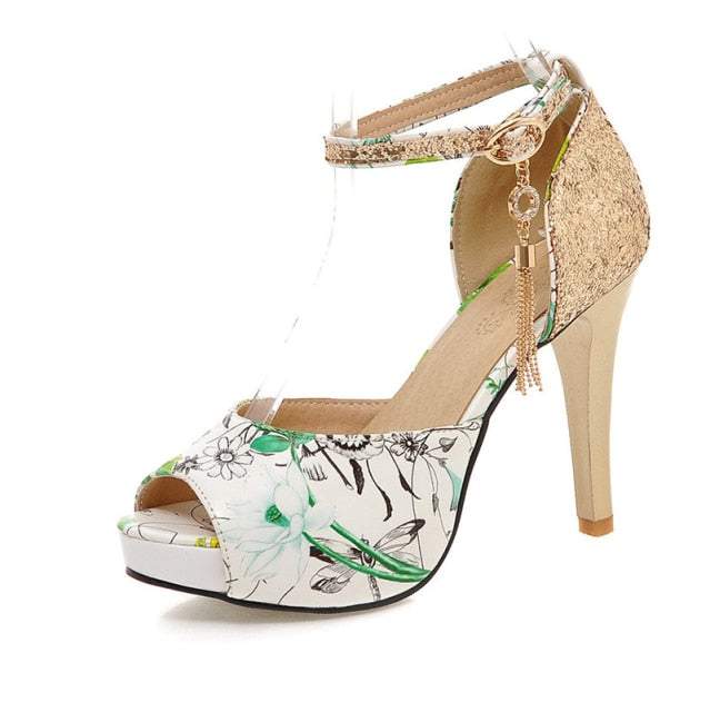 Women Summer Flower Print Shoes Fish Mouth High Heel Lady&