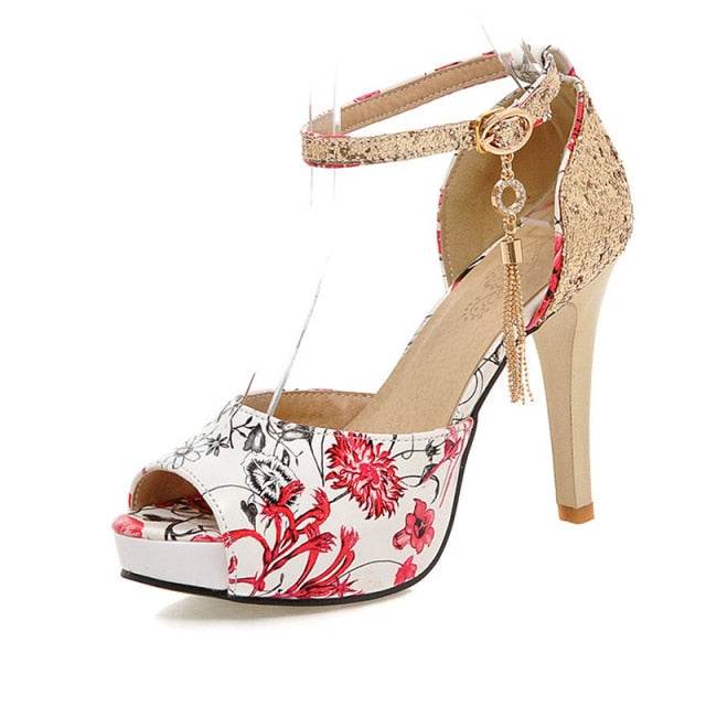 Women Summer Flower Print Shoes Fish Mouth High Heel Lady'Women Summer Flower Print Shoes Fish Mouth High Heel Lady's Wedding sa