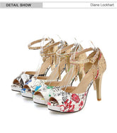 Women Summer Flower Print Shoes Fish Mouth High Heel Lady&