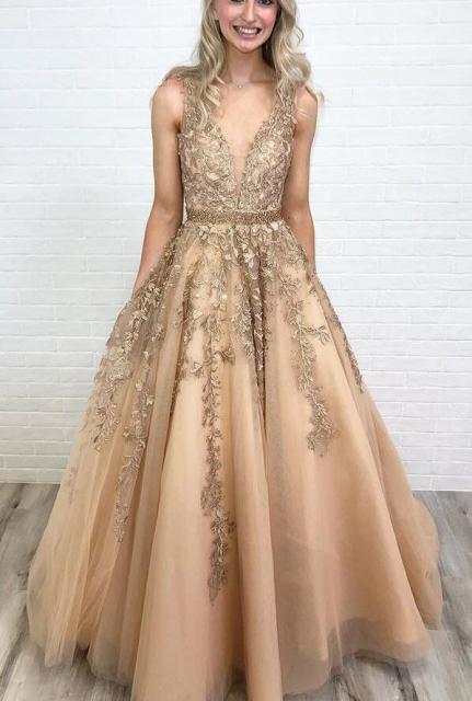 Beautiful Prom Wedding Dresses Long A-line V neck Applique Prom Dress - Acapparelstore