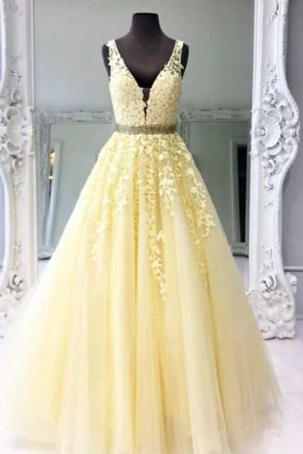 Beautiful Prom Wedding Dresses Long A-line V neck Applique Prom Dress - Acapparelstore