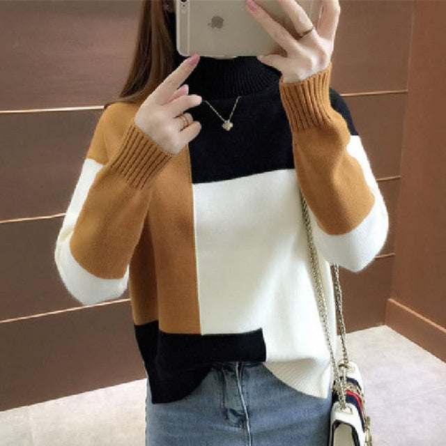 Patchwork Pullover Sweater Autumn LooseWomen's Patchwork Pullover Sweater Autumn Loose O Neck Long Sleeve Swe