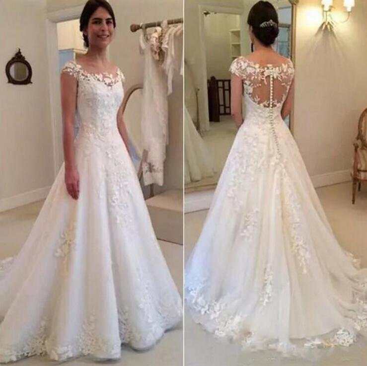 White Vintage Lace Appliques Wedding Dresses Sheer Back Cap Sleeves - Acapparelstore