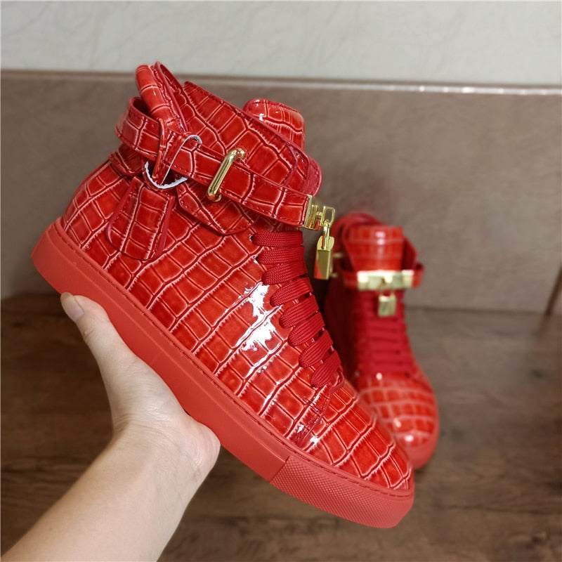 Men's Winter Fur Boots Alligator Pattern Lock Lace Flats Glossy Leather shoes - Acapparelstore