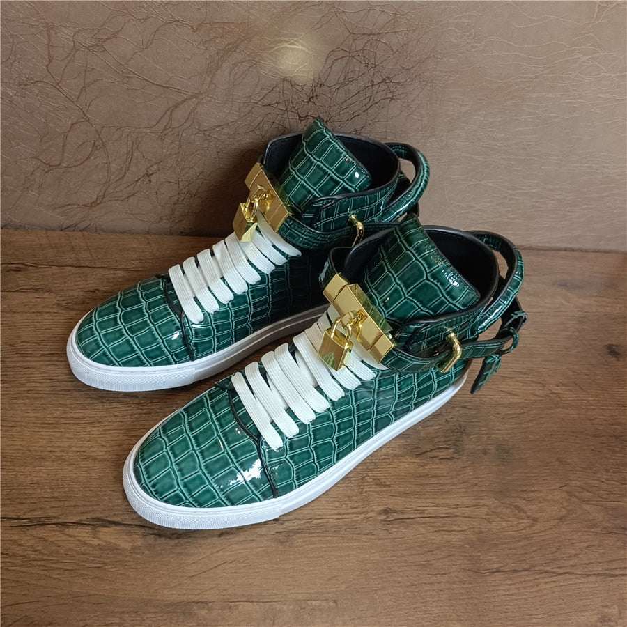 Men's Winter Fur Boots Alligator Pattern Lock Lace Flats Glossy Leather shoes - Acapparelstore