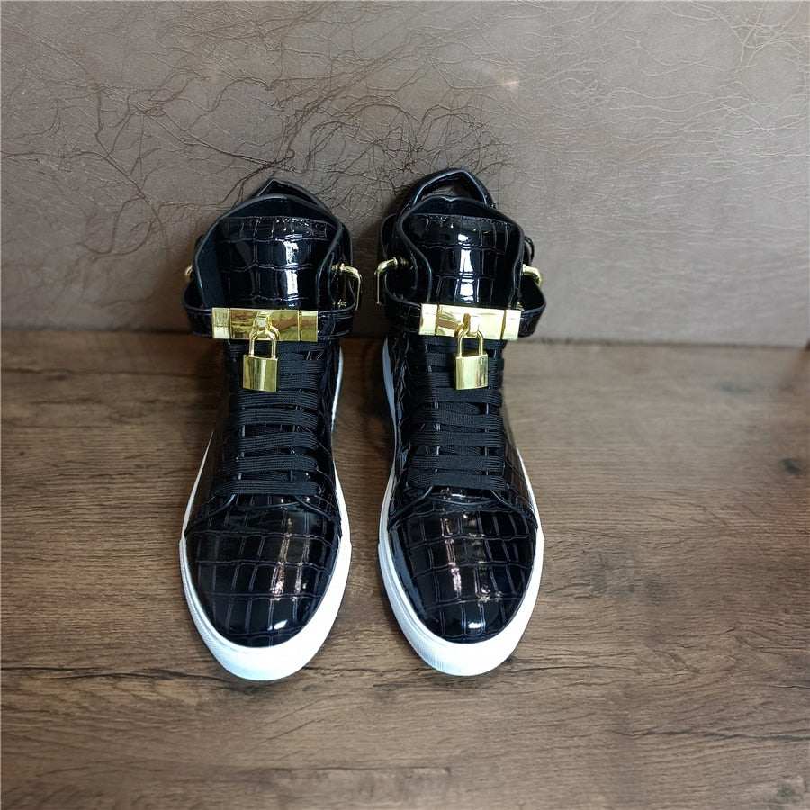 Men's Winter Fur Boots Alligator Pattern Lock Lace Flats Glossy Leather shoes - Acapparelstore