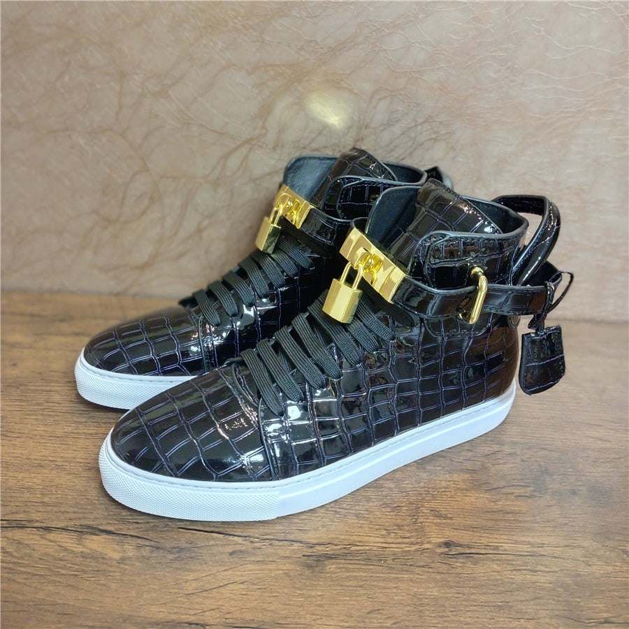 Men's Winter Fur Boots Alligator Pattern Lock Lace Flats Glossy Leather shoes - Acapparelstore