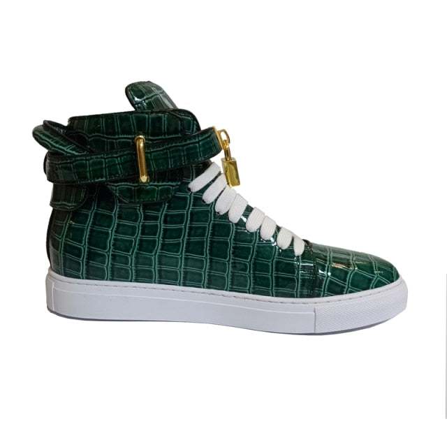 Men's Winter Fur Boots Alligator Pattern Lock Lace Flats Glossy Leather shoes - Acapparelstore