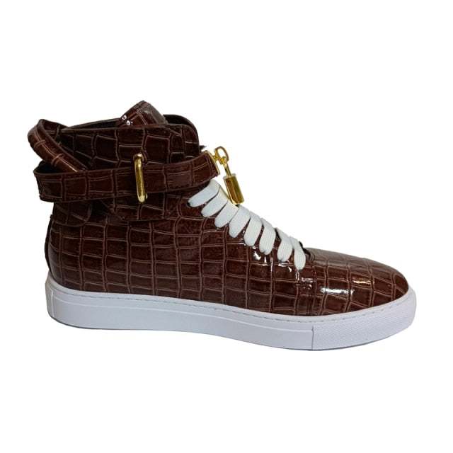 Men's Winter Fur Boots Alligator Pattern Lock Lace Flats Glossy Leather shoes - Acapparelstore