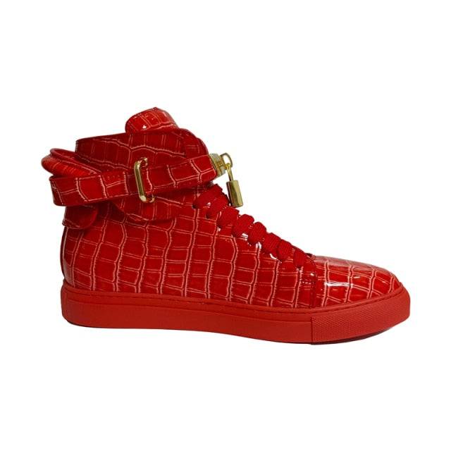 Men's Winter Fur Boots Alligator Pattern Lock Lace Flats Glossy Leather shoes - Acapparelstore