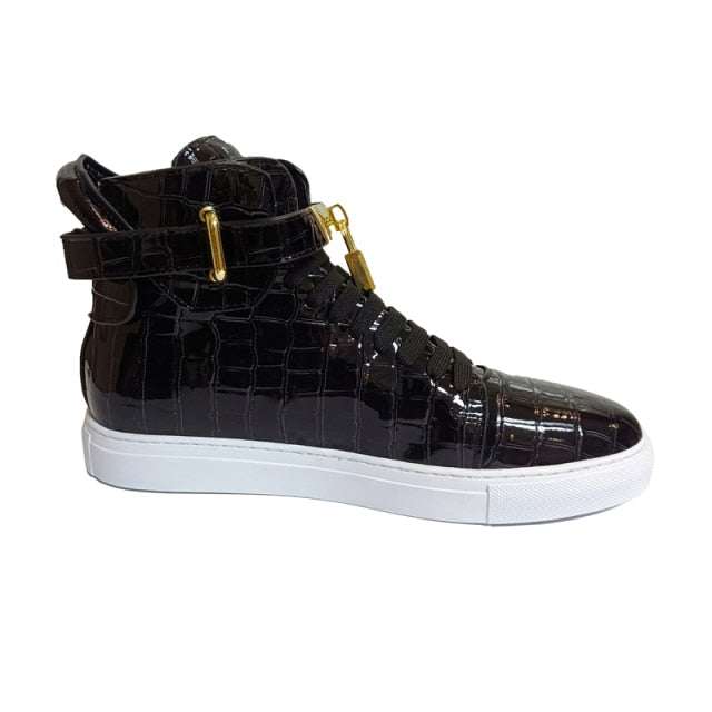 Men's Winter Fur Boots Alligator Pattern Lock Lace Flats Glossy Leather shoes - Acapparelstore