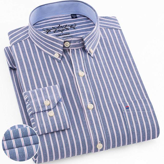Men'Men's Regular-Fit Long-Sleeve Shirt Sturdy Knit Oxford Plaid Striped S