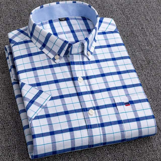 Men's Short Sleeve Shirts Oxford Plaid Striped Casual Dress Shirts - Acapparelstore