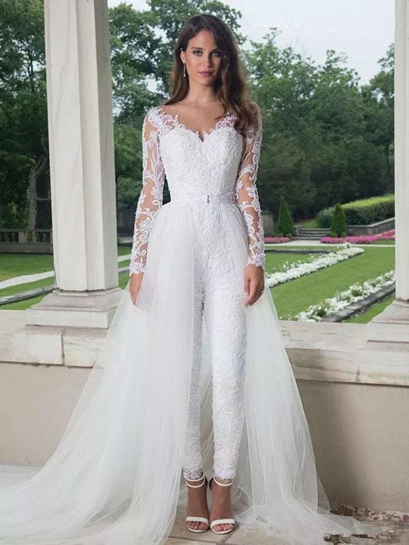 Elegant Long Sleeve Jumpsuit Wedding Dresses With Detachable Train - Acapparelstore