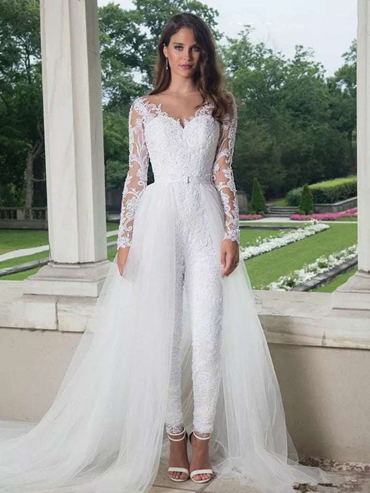 Elegant Long Sleeve Jumpsuit Wedding Dresses With Detachable Train - Acapparelstore