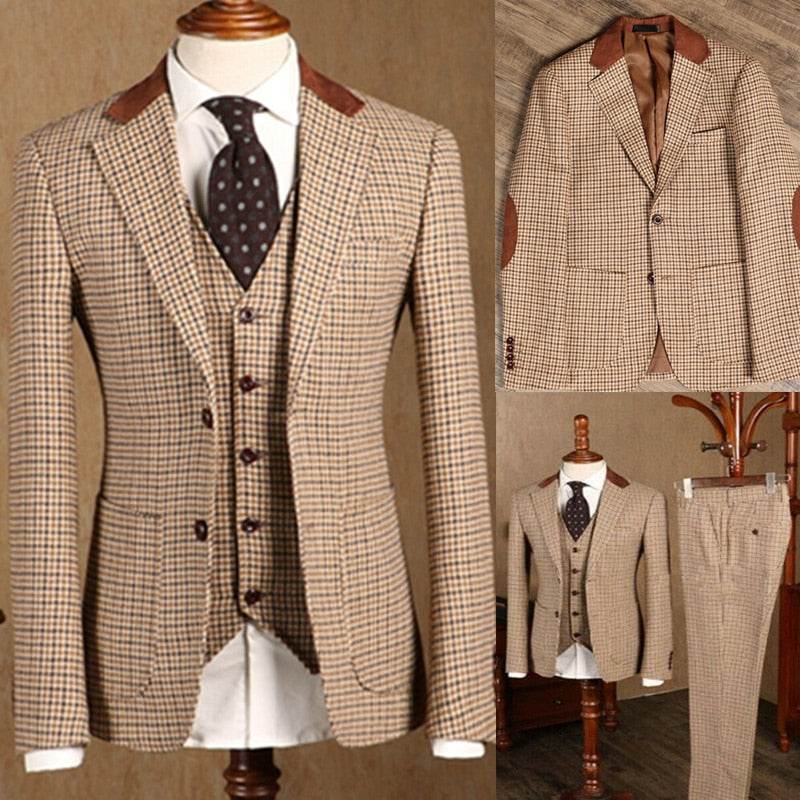 Men's Brown Classic Plaid Tweed Suit Slim fit Wedding Tuxedo 3 Piece - Acapparelstore
