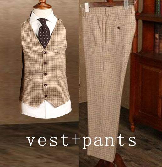 Men's Brown Classic Plaid Tweed Suit Slim fit Wedding Tuxedo 3 Piece - Acapparelstore
