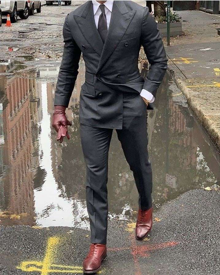 Double Breasted Grey Wedding Suit Prom Tuxedo Blazer Latest Design 2 PcsMen's Double Breasted Grey Wedding Suit Prom Tuxedo Blazer Latest Desi