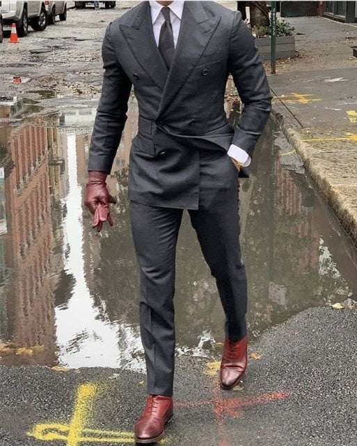 Double Breasted Grey Wedding Suit Prom Tuxedo Blazer Latest Design 2 PcsMen&