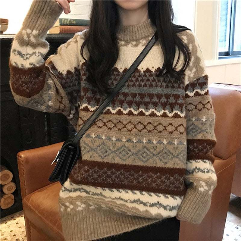 Warm Winter Sweater Knit Jumpers Loose Striped SweaterWomen's Warm Winter Sweater Knit Jumpers Loose Striped Sweater
